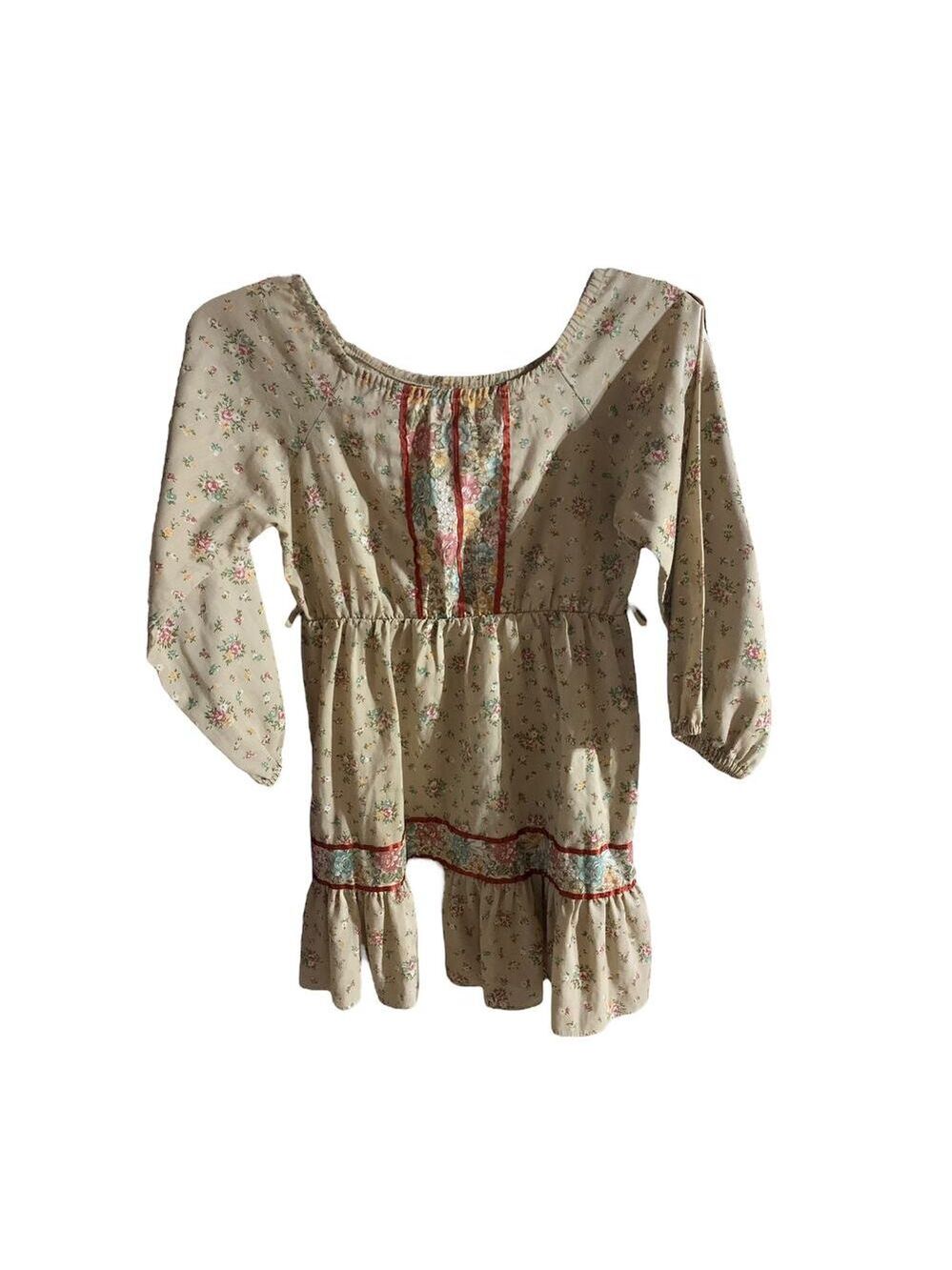 Vintage 1970's Boho Mini Prairie Dress Tunic Top Cream Floral Print Sz xs /child - Picture 5 of 14